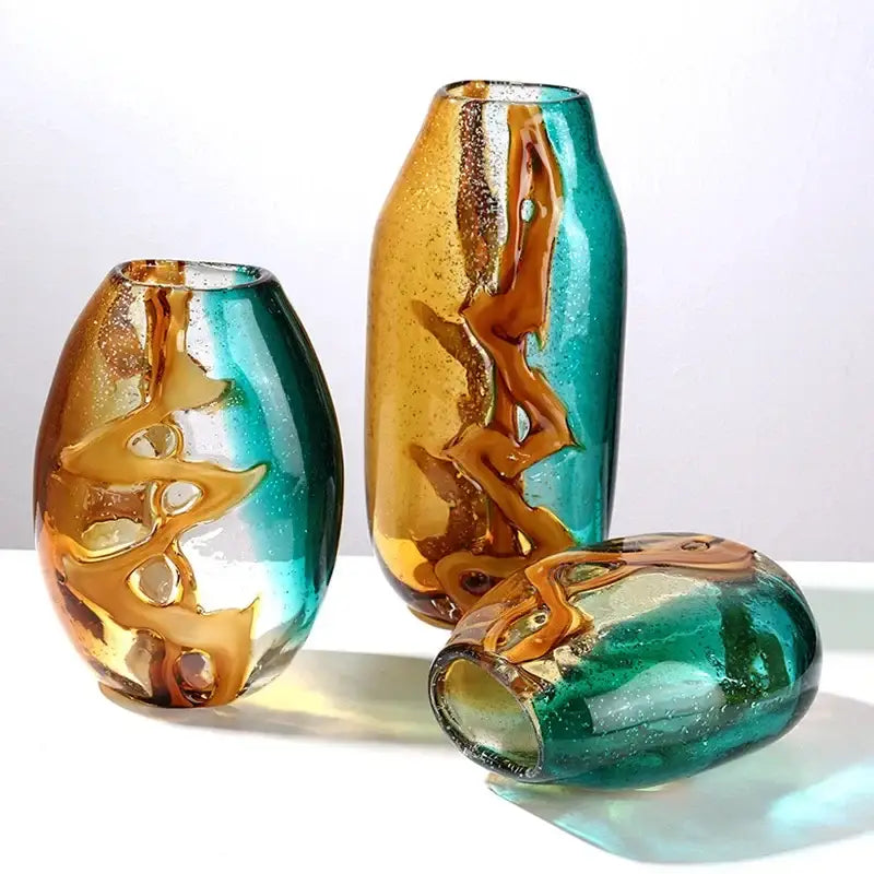 Abstract ripple amber & teal glass vase living room decor