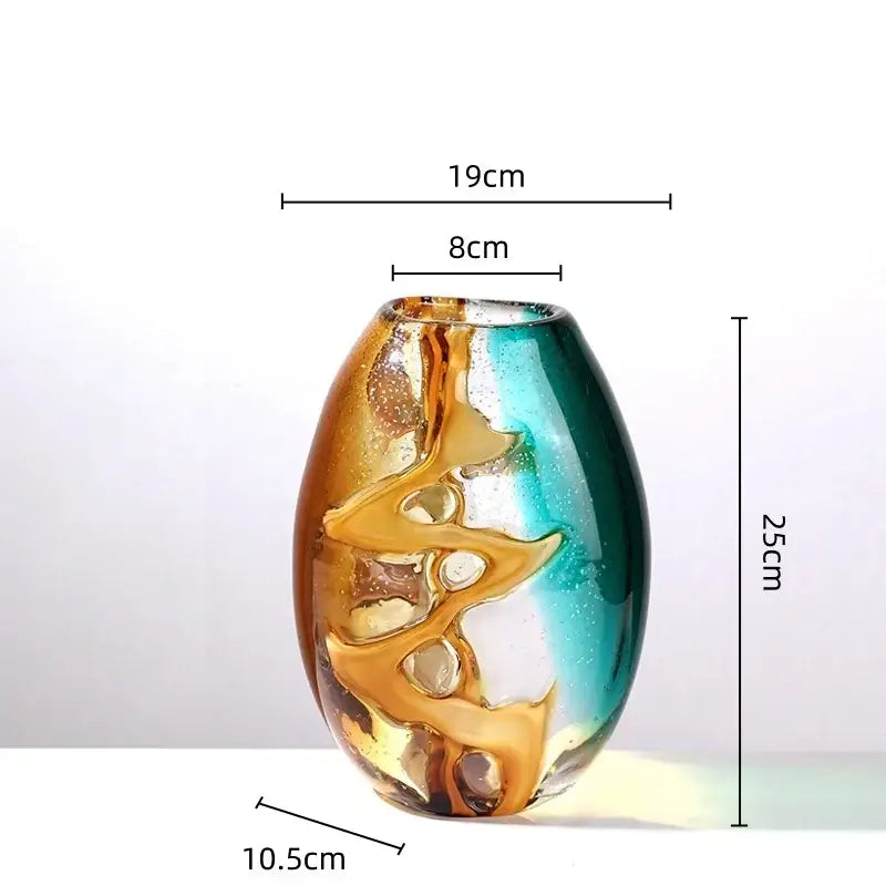 Abstract ripple amber & teal glass vase living room decor