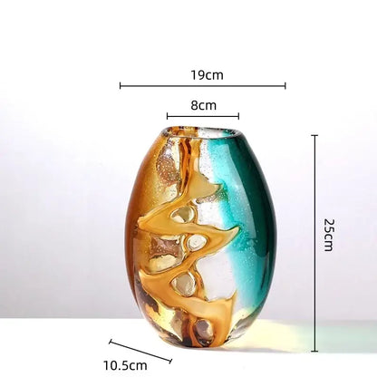 Abstract ripple amber & teal glass vase living room decor