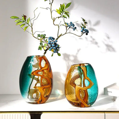 Abstract ripple amber & teal glass vase living room decor