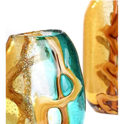 Abstract ripple amber & teal glass vase living room decor