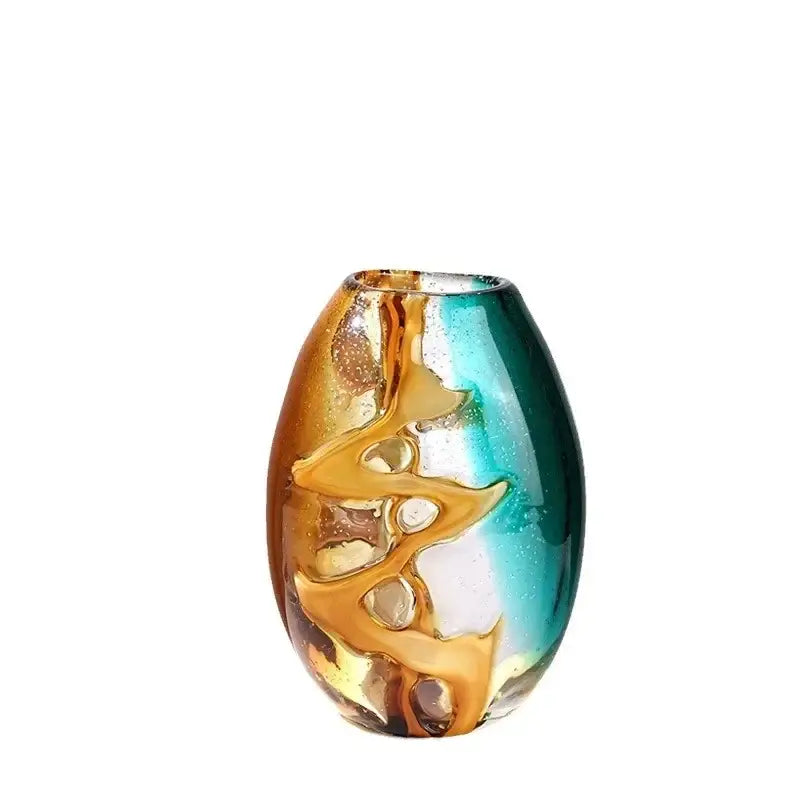 Abstract ripple amber & teal glass vase living room decor