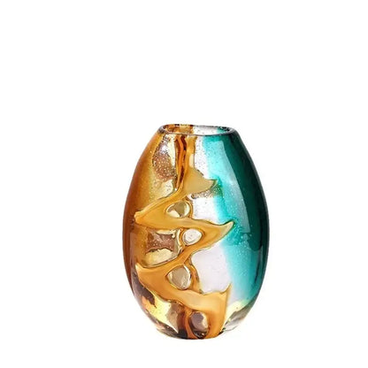 Abstract ripple amber & teal glass vase living room decor