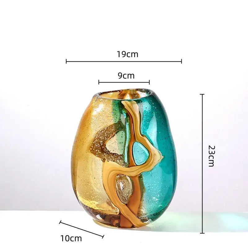 Abstract ripple amber & teal glass vase living room decor