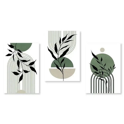 Modern abstract green & black botanical wall art set living room