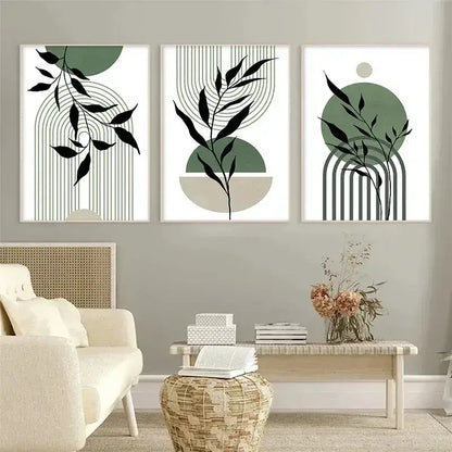 Modern abstract green & black botanical wall art set living room