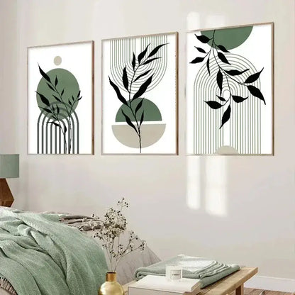 Modern abstract green & black botanical wall art set living room