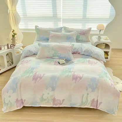 Abstract watercolor pastel green & yellow cute pattern duvet cover bedroom set