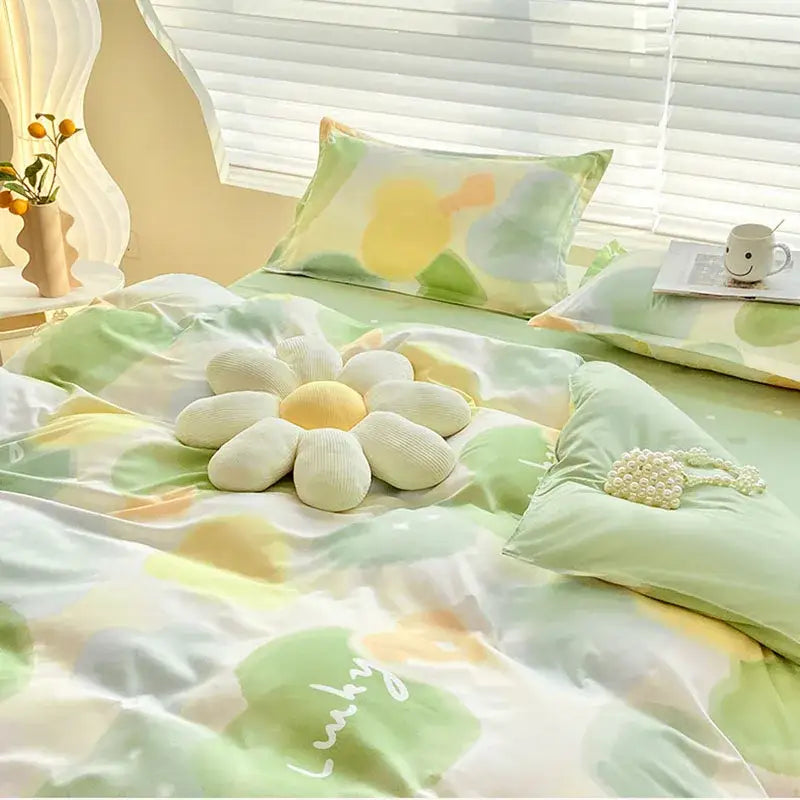 Abstract watercolor pastel green & yellow cute pattern duvet cover bedroom set