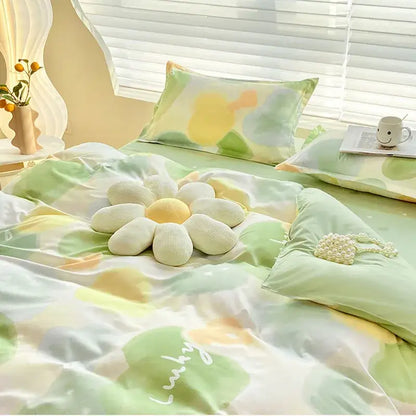 Abstract watercolor pastel green & yellow cute pattern duvet cover bedroom set