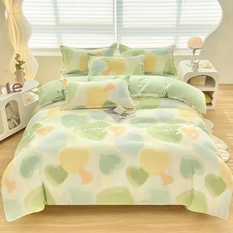 Abstract watercolor pastel green & yellow cute pattern duvet cover bedroom set