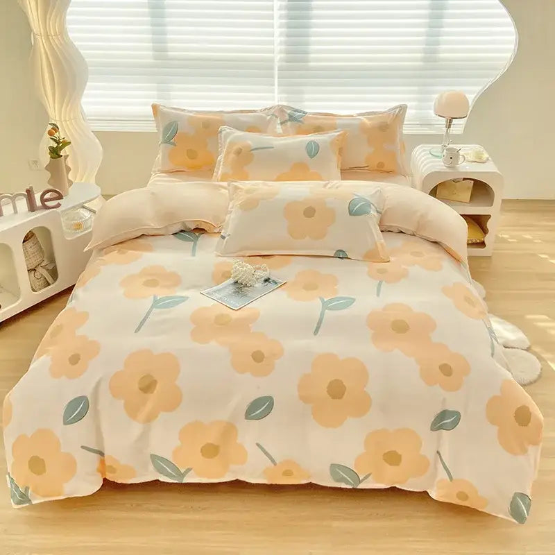 Abstract watercolor pastel green & yellow cute pattern duvet cover bedroom set