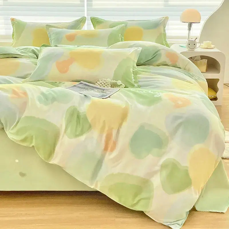 Abstract watercolor pastel green & yellow cute pattern duvet cover bedroom set