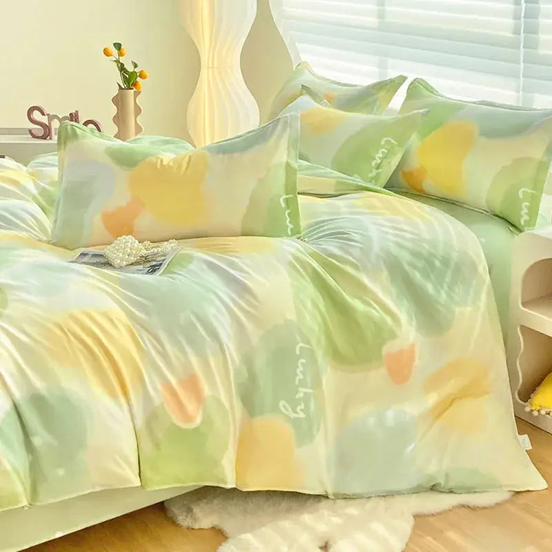 Abstract watercolor pastel green & yellow cute pattern duvet cover bedroom set