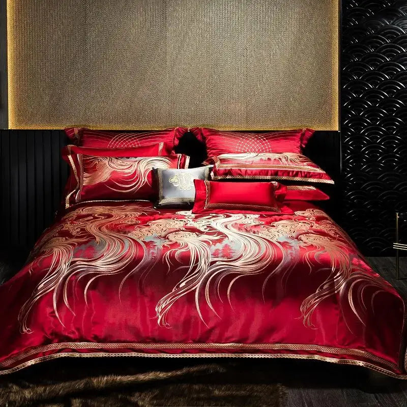 Abstract wave embroidered black satin duvet cover set bedroom decor