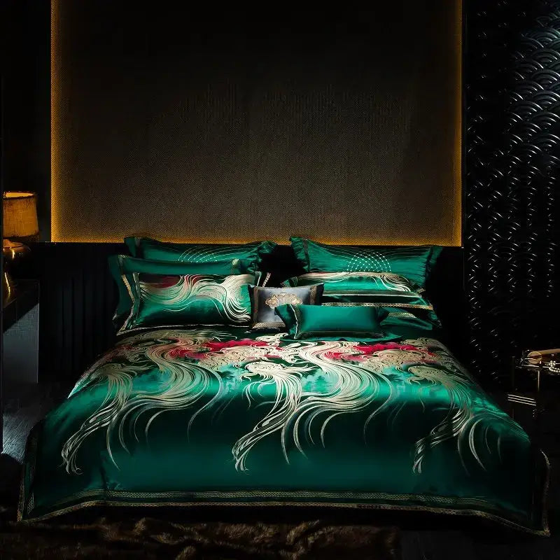 Abstract wave embroidered black satin duvet cover set bedroom decor