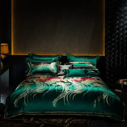 Abstract wave embroidered black satin duvet cover set bedroom decor