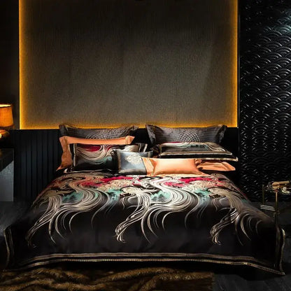 Abstract wave embroidered black satin duvet cover set bedroom decor