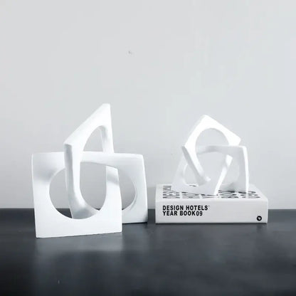 Abstract white ceramic geometric cross square ring bookends living room