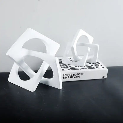 Abstract white ceramic geometric cross square ring bookends living room