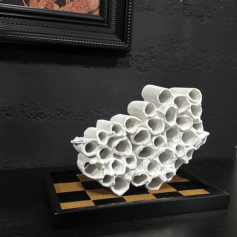 Abstract white ceramic honeycomb mesh conduit sculpture living room decor