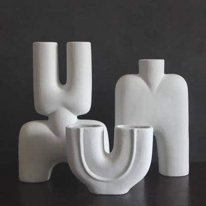 Abstract white geometric ceramic vase for living room decor