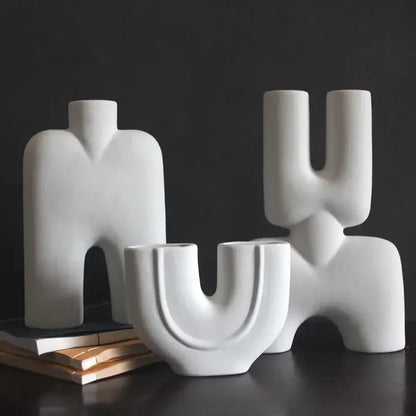 Abstract white geometric ceramic vase for living room decor