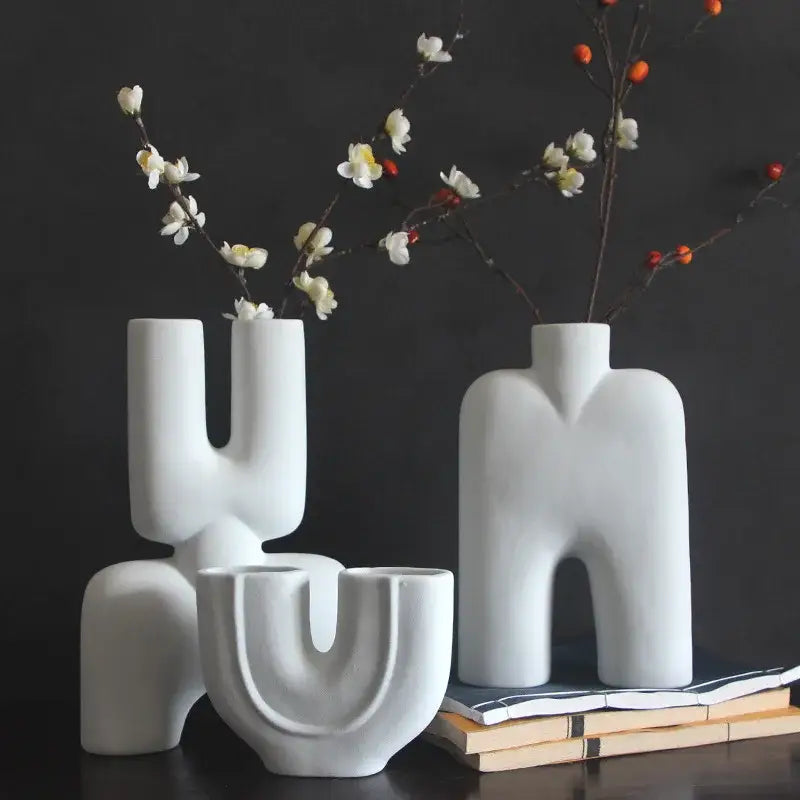 Abstract white geometric ceramic vase for living room decor