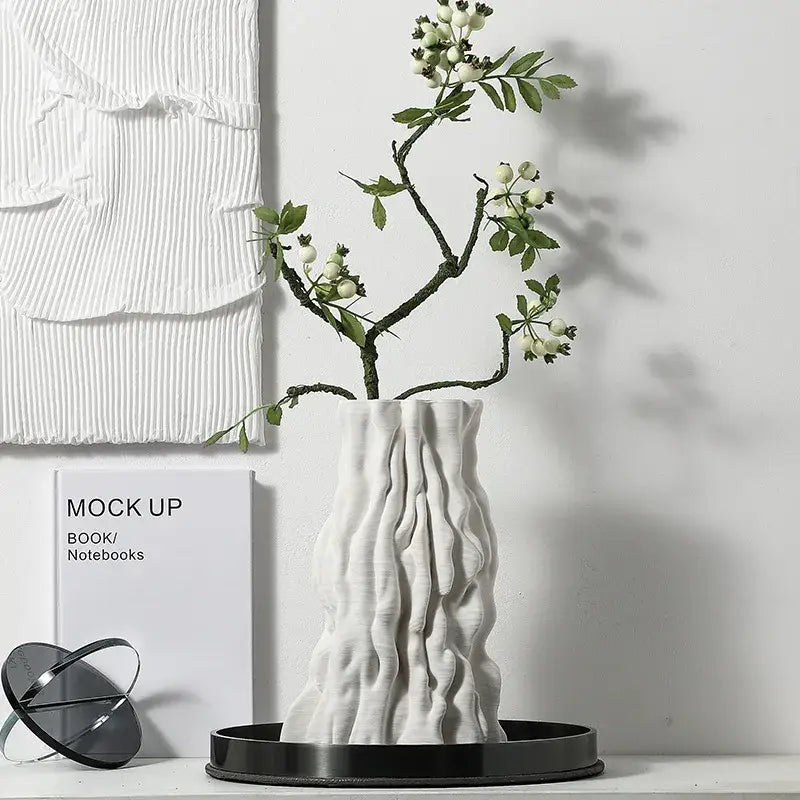 Abstract white irregular trunk fold ceramic vase for living room