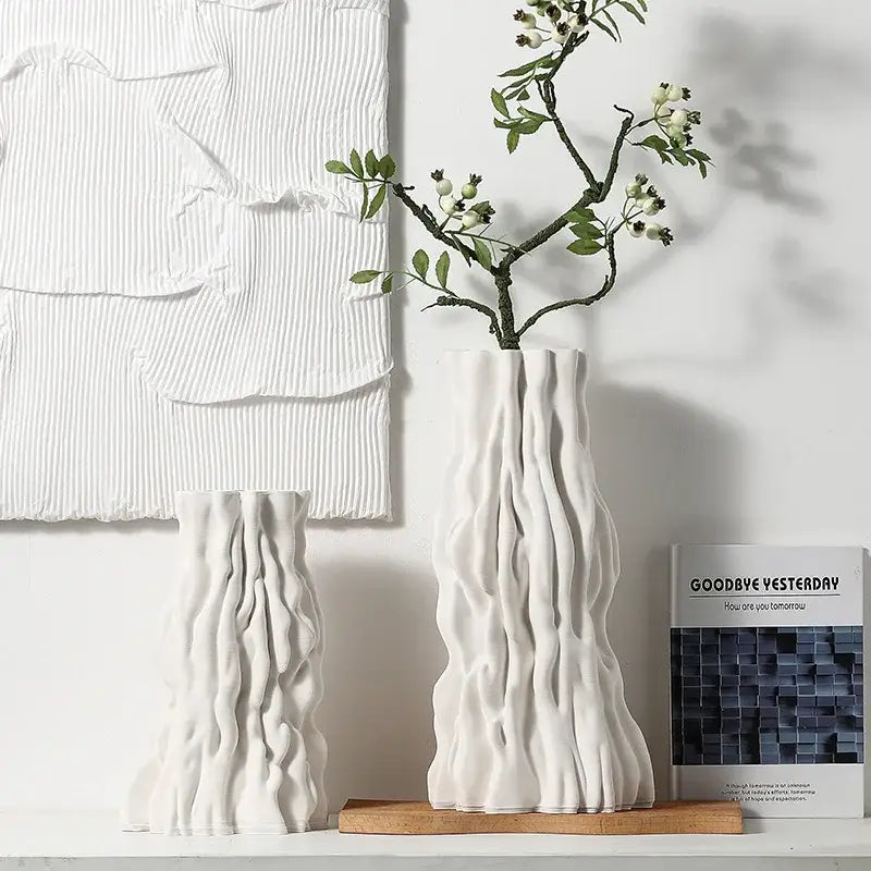 Abstract white irregular trunk fold ceramic vase for living room