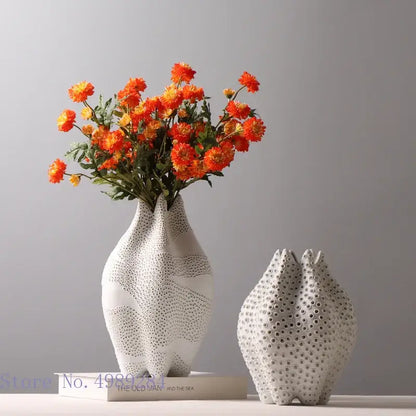 Abstract white textured ceramic vase living room dot pattern decor