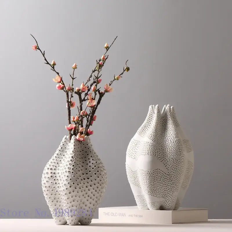 Abstract white textured ceramic vase living room dot pattern decor