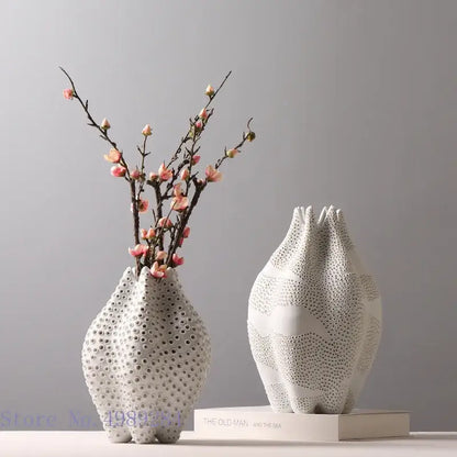 Abstract white textured ceramic vase living room dot pattern decor