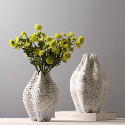 Abstract white textured ceramic vase living room dot pattern decor