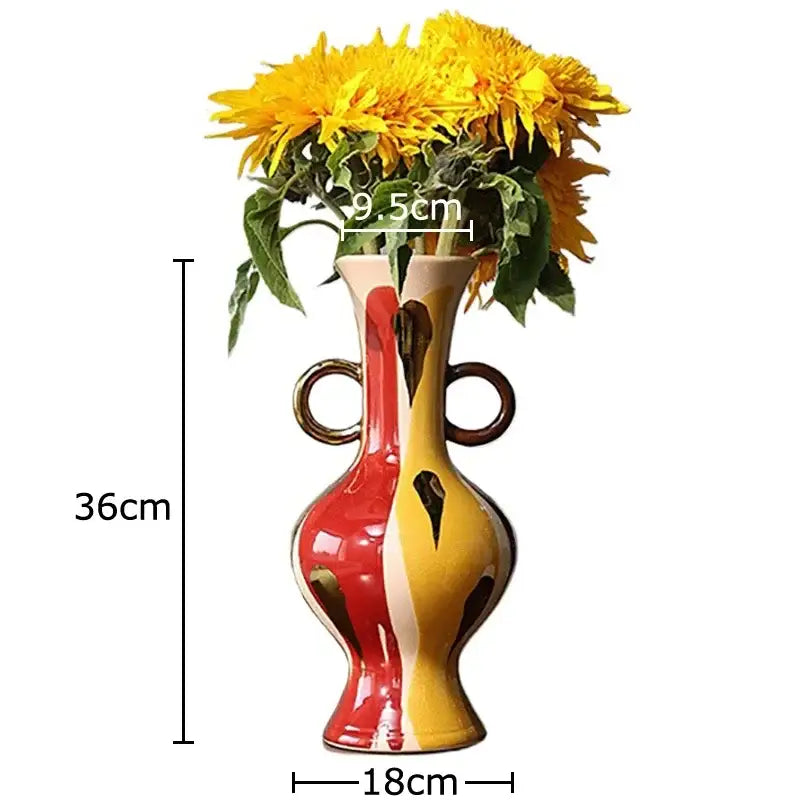 Abstract yellow & red ceramic vase plant pot living room decor