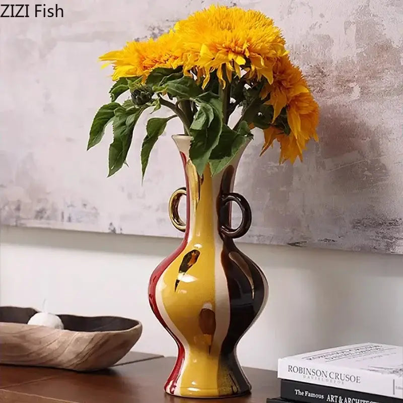 Abstract yellow & red ceramic vase plant pot living room decor