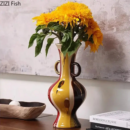 Abstract yellow & red ceramic vase plant pot living room decor
