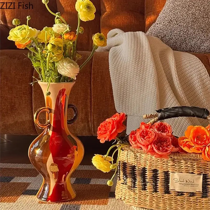 Abstract yellow & red ceramic vase plant pot living room decor