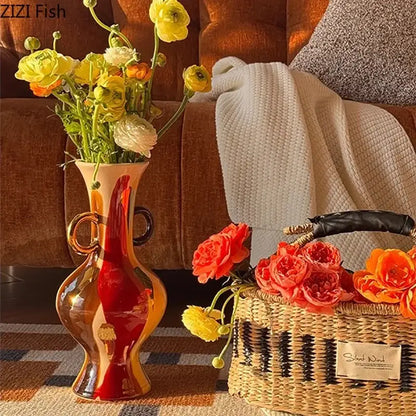 Abstract yellow & red ceramic vase plant pot living room decor