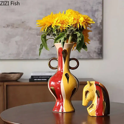 Abstract yellow & red ceramic vase plant pot living room decor
