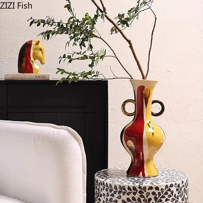 Abstract yellow & red ceramic vase plant pot living room decor