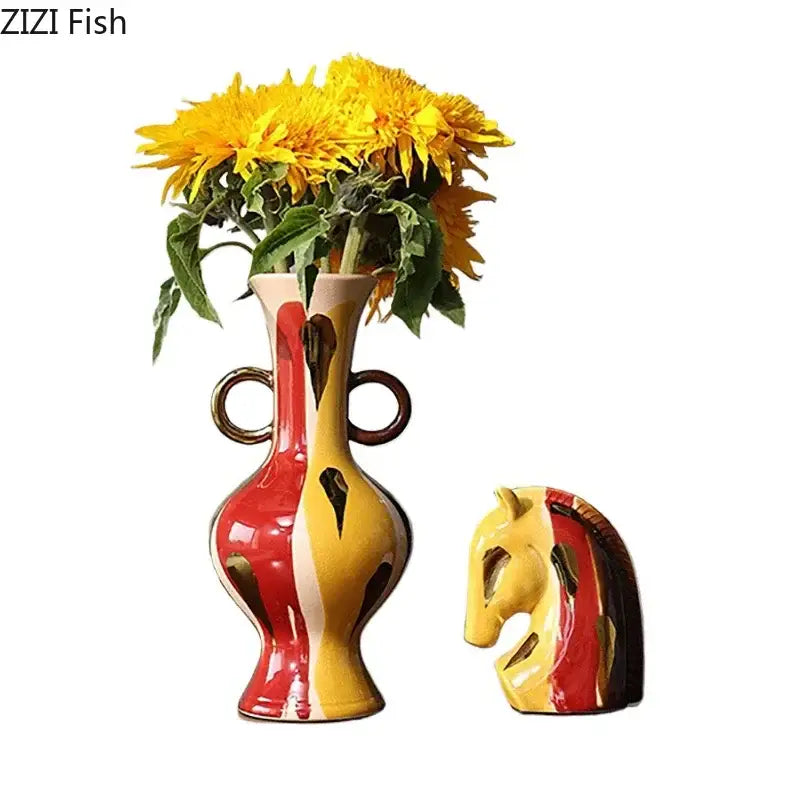 Abstract yellow & red ceramic vase plant pot living room decor