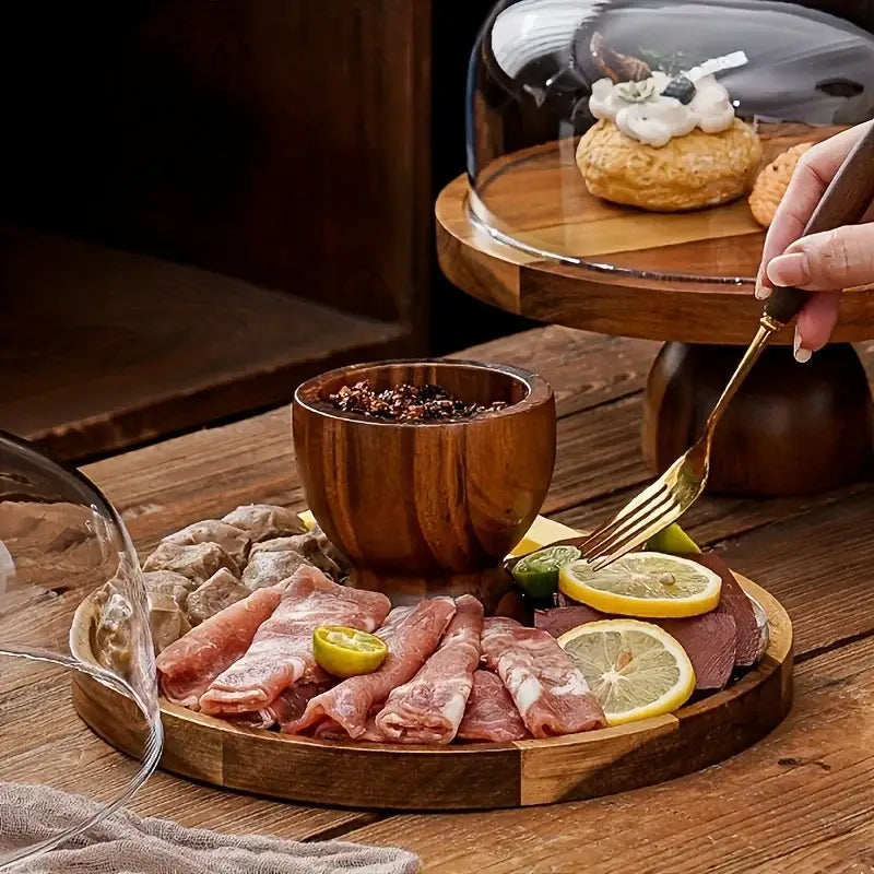 Acacia wood cake stand with glass dome – kitchen dessert display