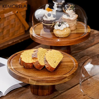 Acacia wood cake stand with glass dome – kitchen dessert display