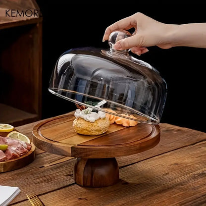 Acacia wood cake stand with glass dome – kitchen dessert display