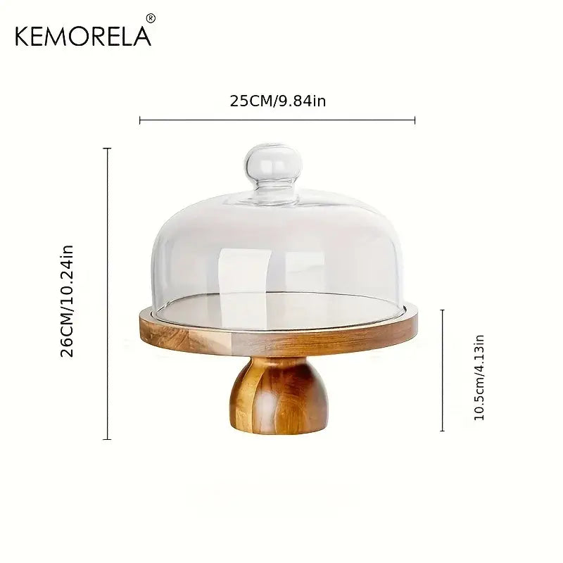 Acacia wood cake stand with glass dome – kitchen dessert display