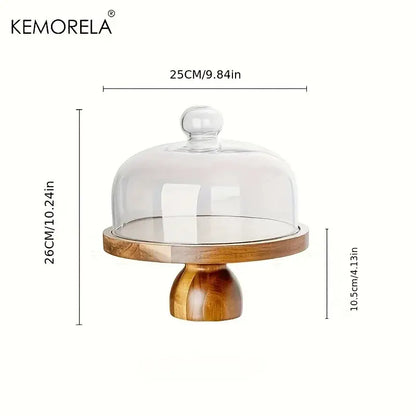 Acacia wood cake stand with glass dome – kitchen dessert display