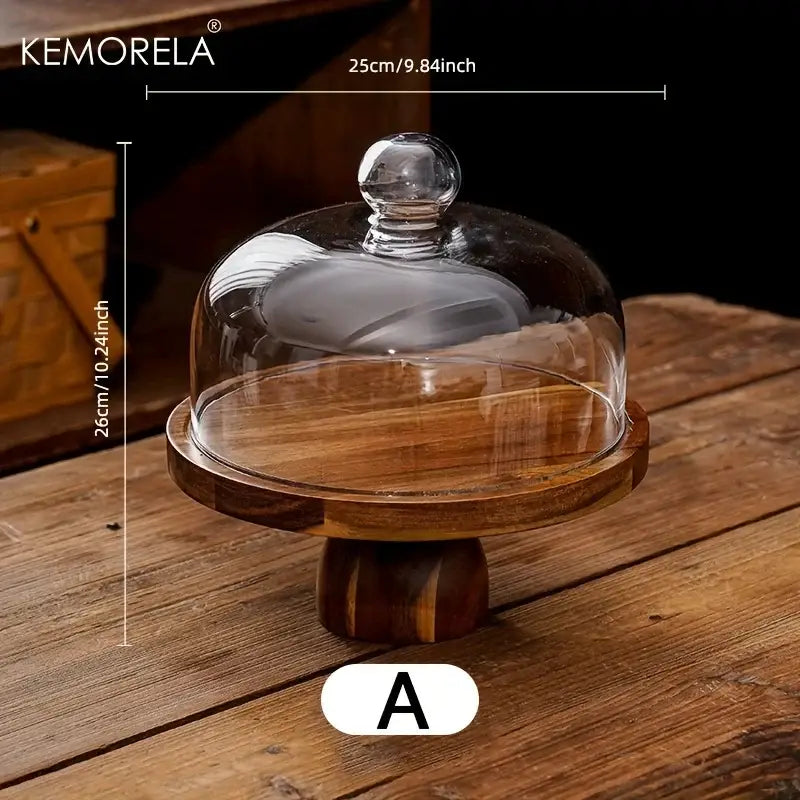 Acacia wood cake stand with glass dome – kitchen dessert display