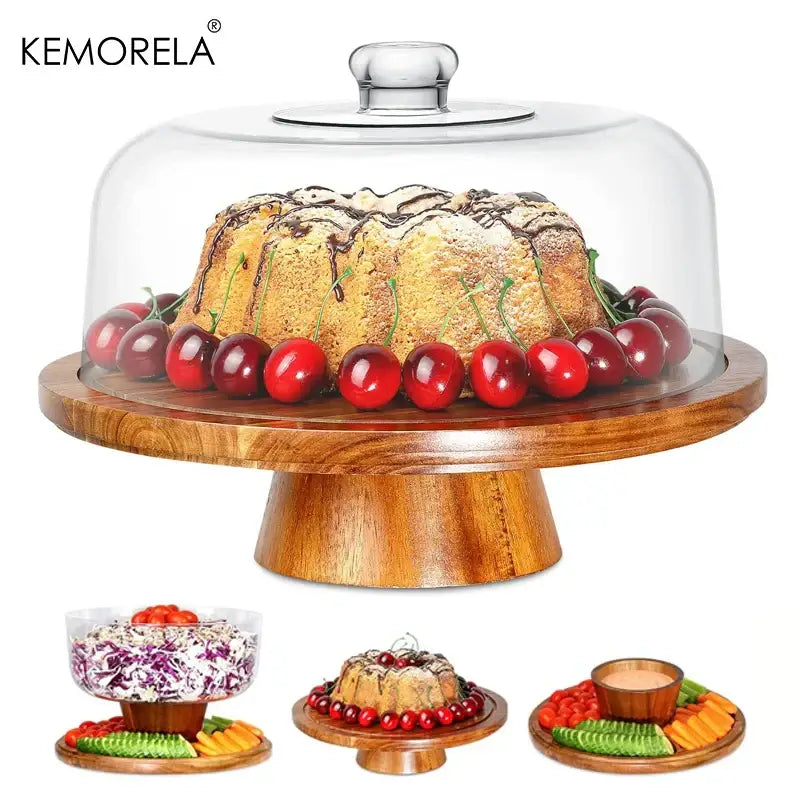 Acacia wood cake stand with glass dome – kitchen dessert display