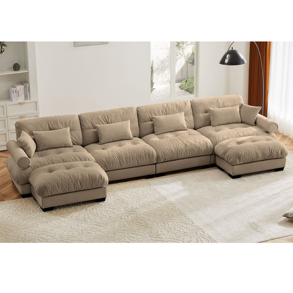 Modern Sectional Sofa With Ottoman, Round Bolster Armrests, Waist And Throw Pillows